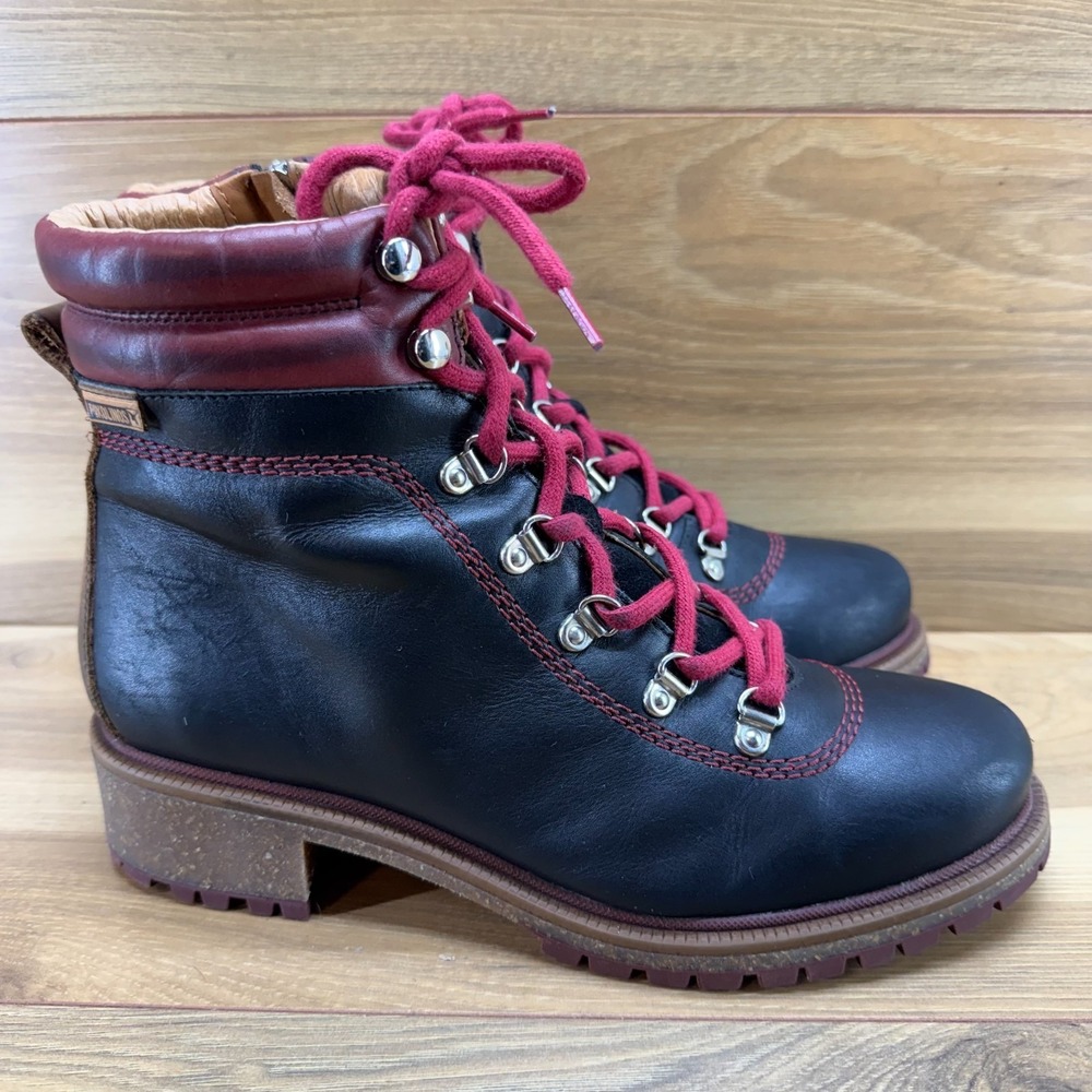 Pikolinos Aspe Combat Boots 9 EU 39 Black Red Leather Lug Sole Hikers Modern
